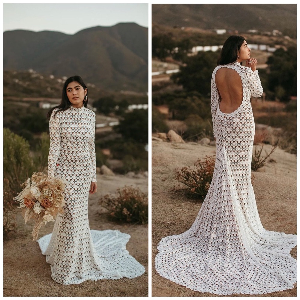 Daughters Of Simone Hollis Long Sleeve‎ White Lace Crochet Gown Maxi Dress XL